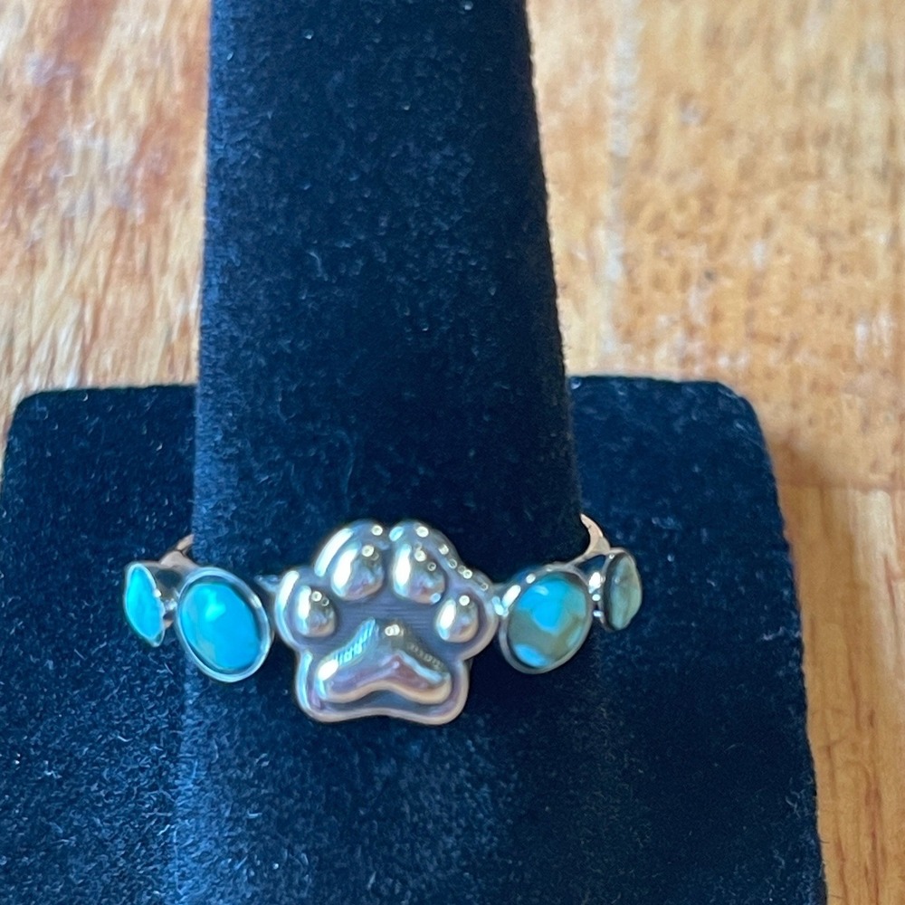Native American Paw and Turquoise Ring Sterling Silver & Hand Stamped Band Sz 6